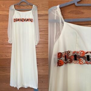 Vintage 60s empire waist cream long sleeve orange embroidered trim maxi …